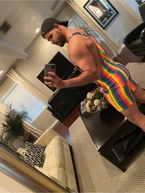 Rainbow Stripe Men's Short Overalls - Multicolor